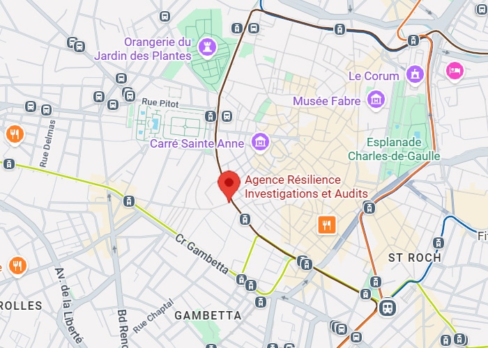 Agence Résilience Montpellier : Carte et localisation Gambetta. Carte de Montpellier. Localisation de l'Agence Résilience Investigations et Audits (point rouge), près du Musée Fabre, Le Corum et Carré Sainte Anne.